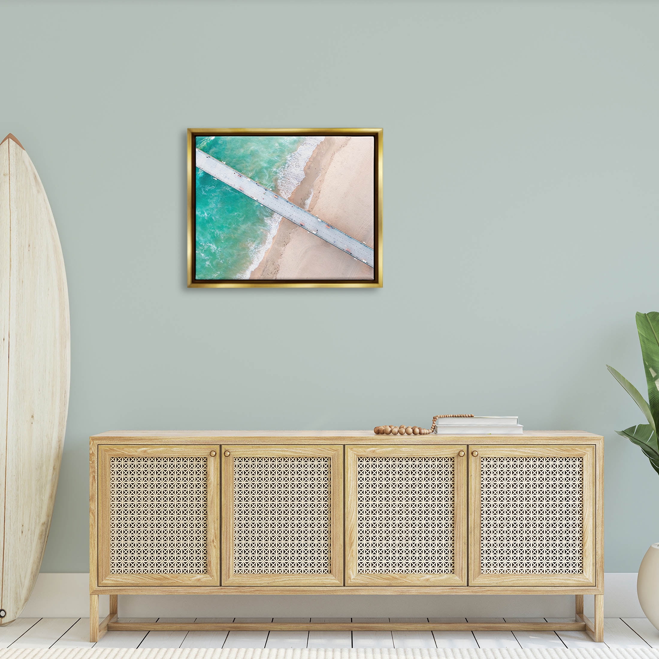 Aerial Ocean Beach Bridge Coastal Photograph Metallic Gold Framed Art Print Wall Art