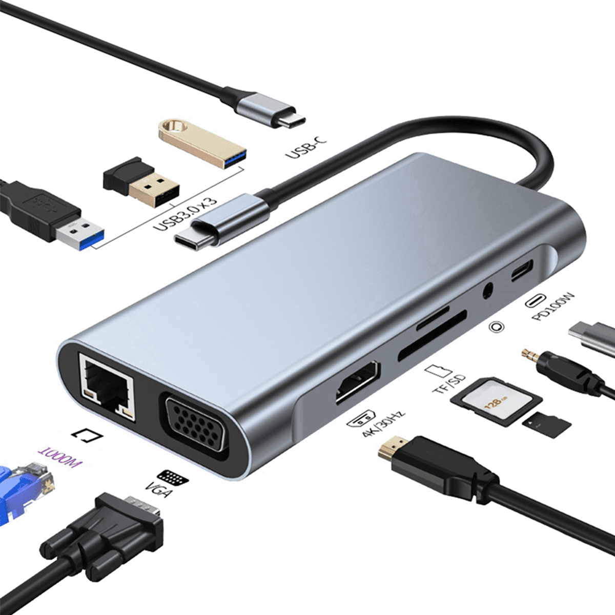 2X 11-in-1 USB C HUB Docking Station 4K Type C to -Compatible HUB Adapter USB-C to VGA RJ45 PD 100W USB Hub,2 x 11 in 1 Docking Station