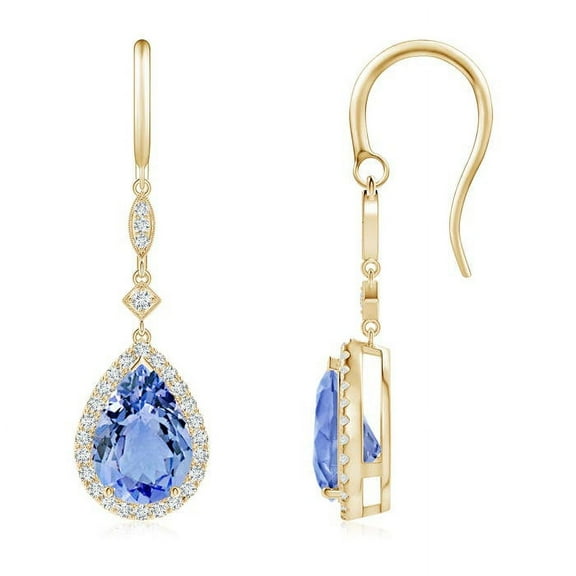 ANGARA Natural 3.9 ct Tanzanite Drop Earrings with Diamond Halo in 14K Yellow Gold for Women (Size-10x7mm) | December Birthstone, Anniversary, Jewelry Gift for Women | Natural Tanzanite Earrings