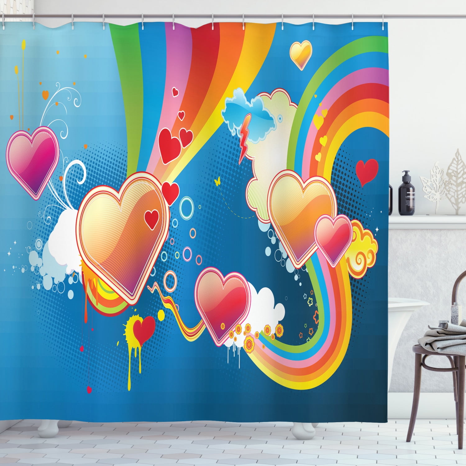 Vintage Rainbow Shower Curtain, Funky Illustration of Heart Shapes