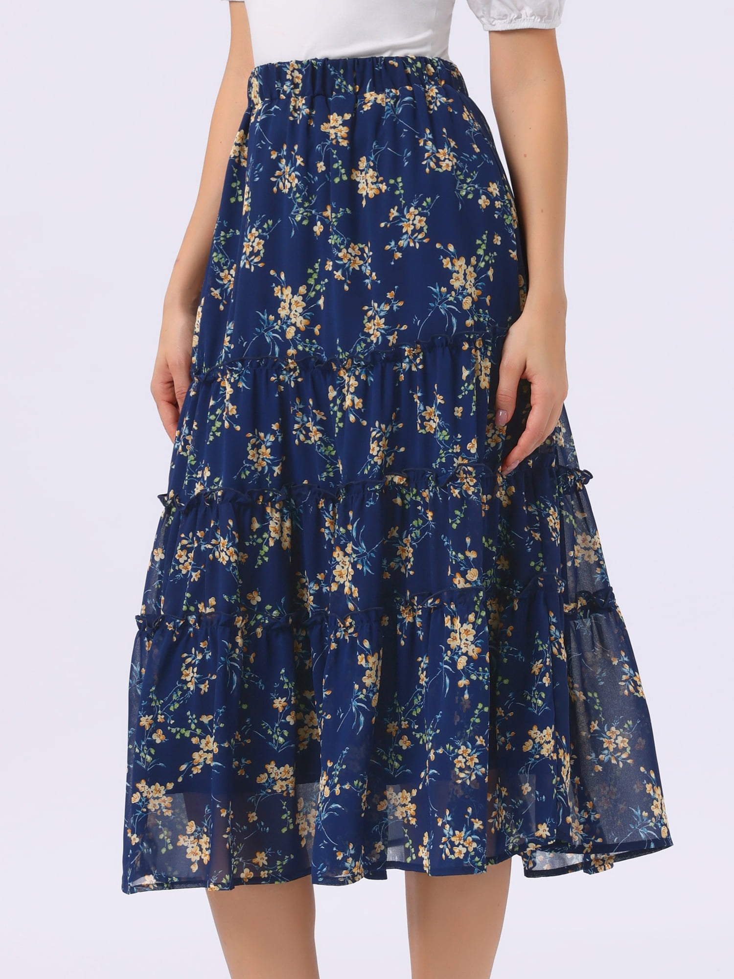 DARING DIVA Women's Chiffon A-line Long Tiered Ruffle Maxi Skirt XS Blue Yellow Floral