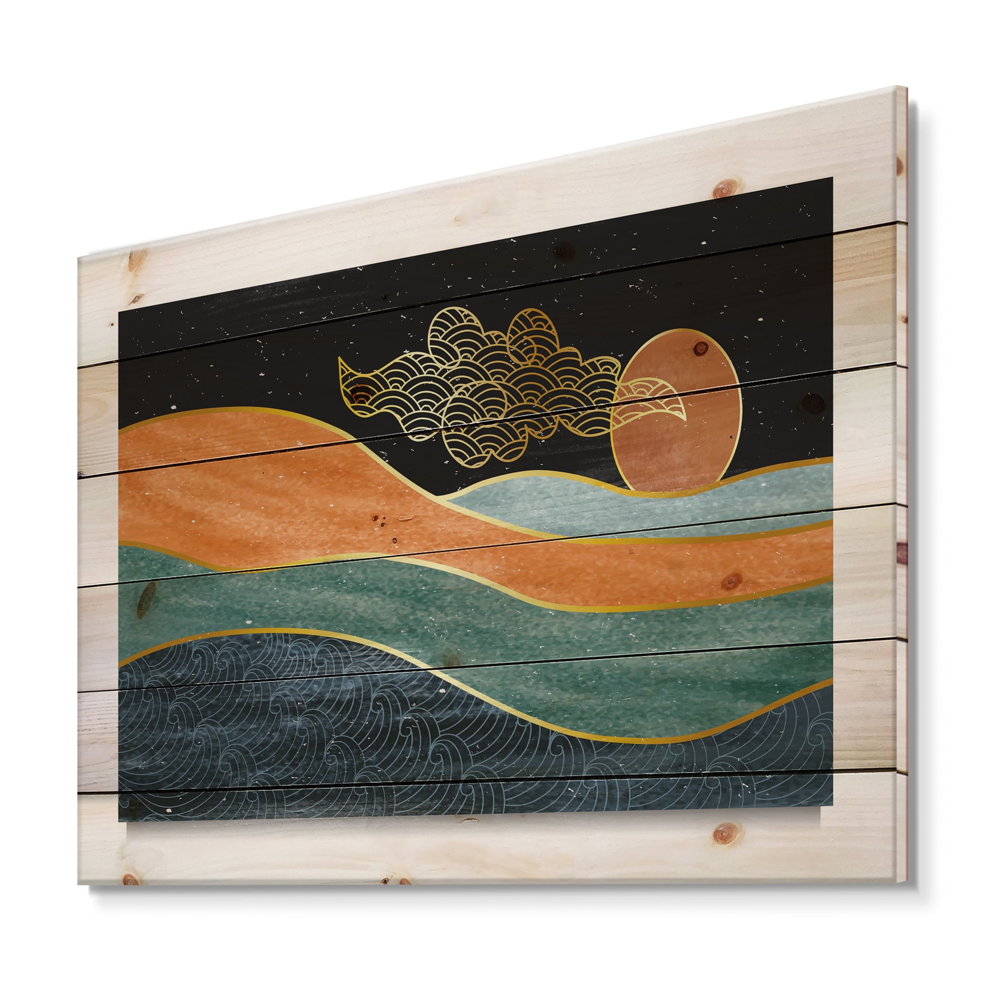 Designart 'Abstract Nature Sea Sun Sky Mountain Landscape' Modern Print on Natural Pine Wood