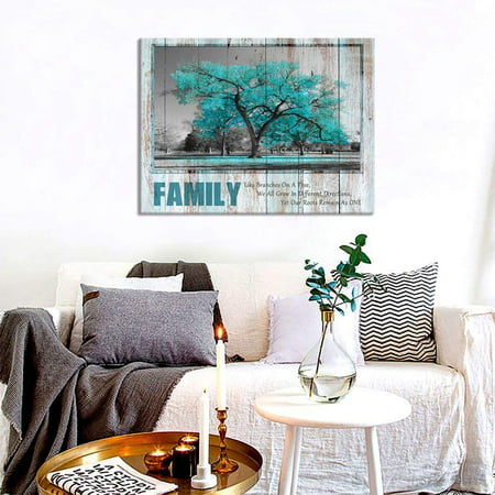 Merek Sweet Home Rustic Teal Family Tree Quote Canvas Prints Poster Framed  and Stretched Green Picture Love Rules Home Living Room Dining Room 