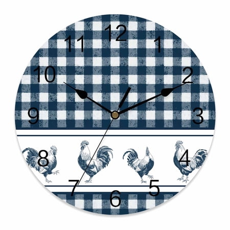 Wall Clock Chicken Cock Rooster Clocks PVC Silent Non-Ticking Battery Operated Farmhouse Animal Blue Plaid Round Clock for Home Living Room Kitchen Bedroom Office School Wall Decor 10 Inch