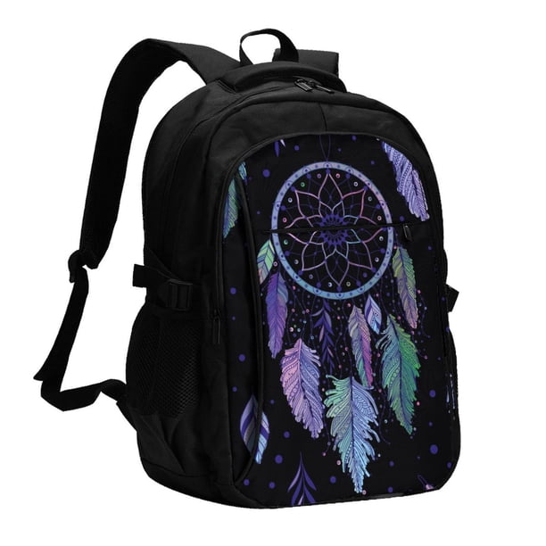 Balery Dreamcatcher With Colorful Feathers Mochila con carga USB para hombre y mujer - Mochila impermeable y antirrobo para portátil con puerto USB para viajes, trabajo, estudios y universidad