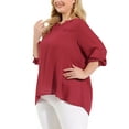 thumbnail image 4 of MODA NOVA Juniors' Plus 3/4 Sleeves Split V Neck Blouse Tops Burgundy 2X, 4 of 6