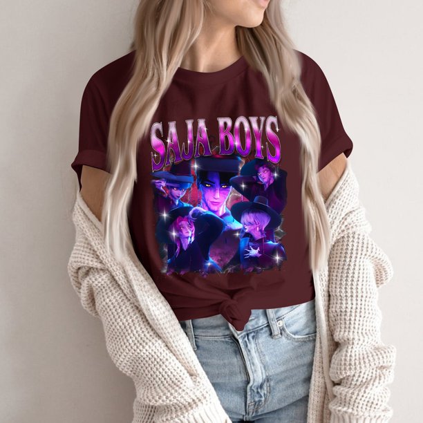 Pop cazadora para niña Round-Neck Printed Anime Trio Poster T Shirt (Wine)