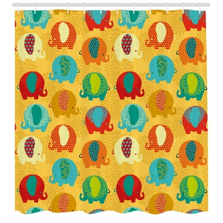 Elephant Nursery Decor Shower Curtain Ethnic Curvy Elephants