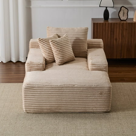 Oversized Chaise Lounge Chair Cozy Cloud Couch, Modern Plush Corduroy Upholstered Sleeper Sofa Daybed with 3 Throw Pillows and Wide Armrest for Living Room, Apartment, No Assembly Required, Beige