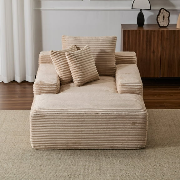 Oversized Chaise Lounge Chair Cozy Cloud Couch, Modern Plush Corduroy Upholstered Sleeper Sofa Daybed with 3 Throw Pillows and Wide Armrest for Living Room, Apartment, No Assembly Required, Beige