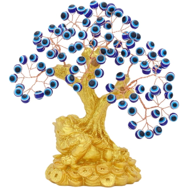 Bwinka Feng Shui Money Tree Office Home Table Feng Shui Decoration Crystal Money Tree for Wealth and Good Luck (Blue Evil Eye Toad)