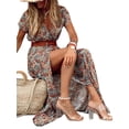 thumbnail image 3 of Bellella Robe Longue Femme Col en V Maxi Robes Manches Courtes Été Plage Robe Vintage Imprimé Floral Dames Marron 3TG, 3 of 7
