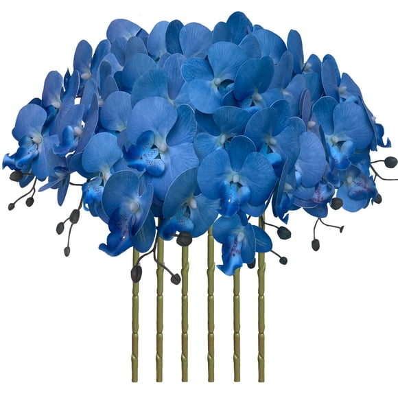 Flores artificiales de orquídea Phalaenopsis de 37 pulgadas 6 piezas MENGJIAQI para decoración del hogar azul