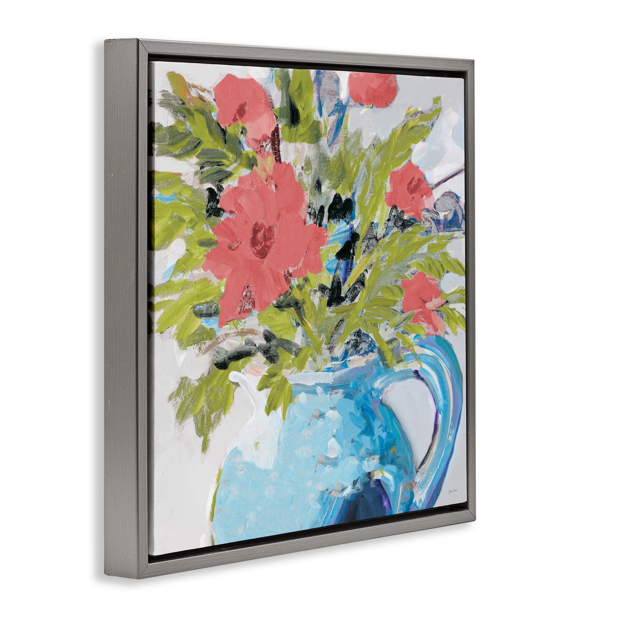 Stupell Industries Daisies in Blue Vase Gray Framed Floater Canvas Wall Art, design by Jane Slivka