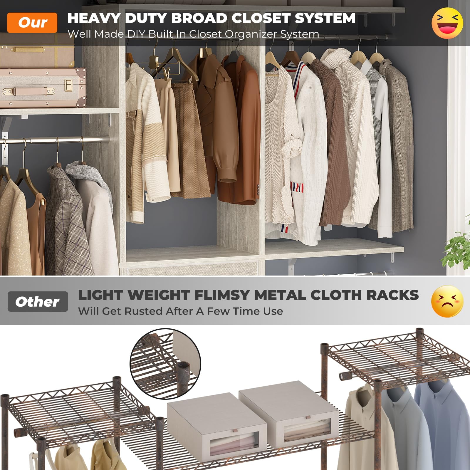 Homieasy 5FT Wardrobe Closet System with Built In Garment Rack 3 Drawers and Adjustable Shelves 59 Lx16 Wx71 H White Walmart