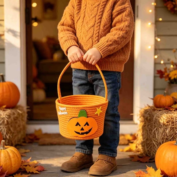 WDOBM Storage Basket, Halloween Trick or Treat Bags, Print Fabric Halloween Candy Basket With Handle, Storage Baskets with Handles, Woven Storage Basket for Countertop Storage Basket