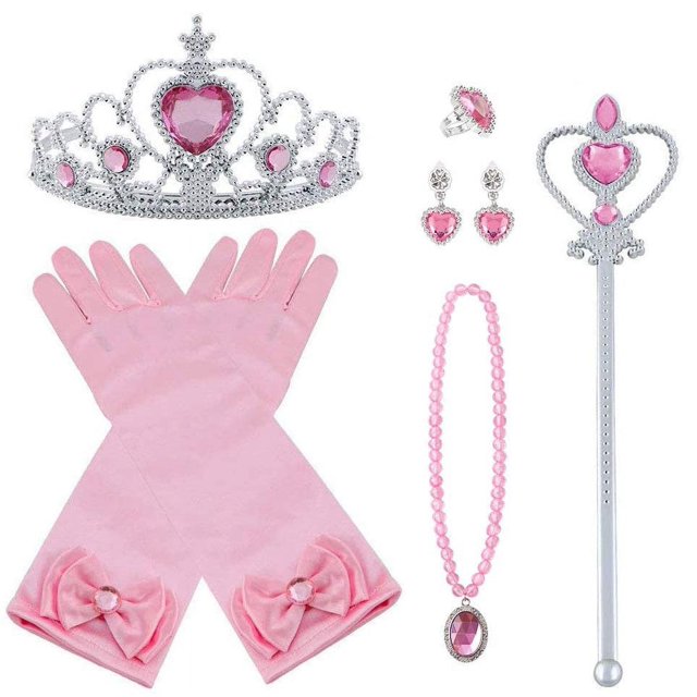 Disfraz de princesa Princesa de hielo Juego de 8, guantes, corona de corazón, varita, collar, anillo, pendientes. (rosado) Ormromra LKX-0993