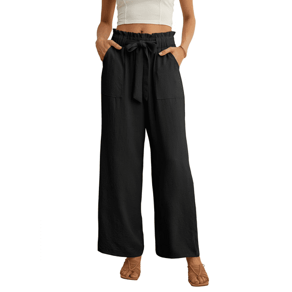 JWD Women's Wide Leg Pants with Pockets High Waist Adjustable Knot Loose Casual Trousers Business Work Casual Pants Black Large