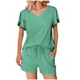 thumbnail image 2 of Honeeladyy Womens Lounge Set Short Sleeve Top and Shorts Sleepwear Pajama Set Two Piece Shorts Outfits Set Green XL, 2 of 9