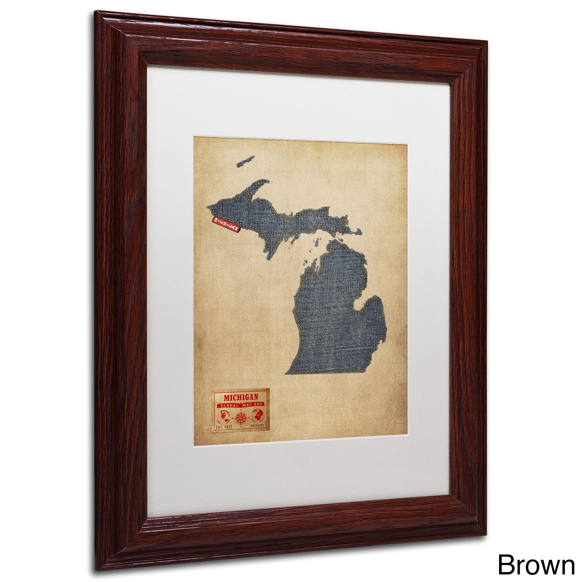 Trademark Fine Art "Michigan Map Denim Jeans Style" Canvas Art by Michael Tompsett, White Matte, Black Frame