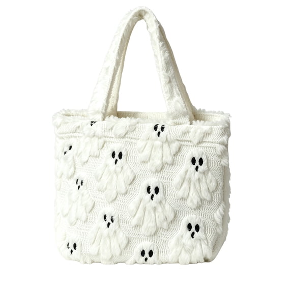 Halloween Tote Bag, Mini Ghost T Fuzzy Knit Reusable Shopping Handbag Soft Plush for Trick Or Treat Candy Storage Halloween Shoulder Bag White