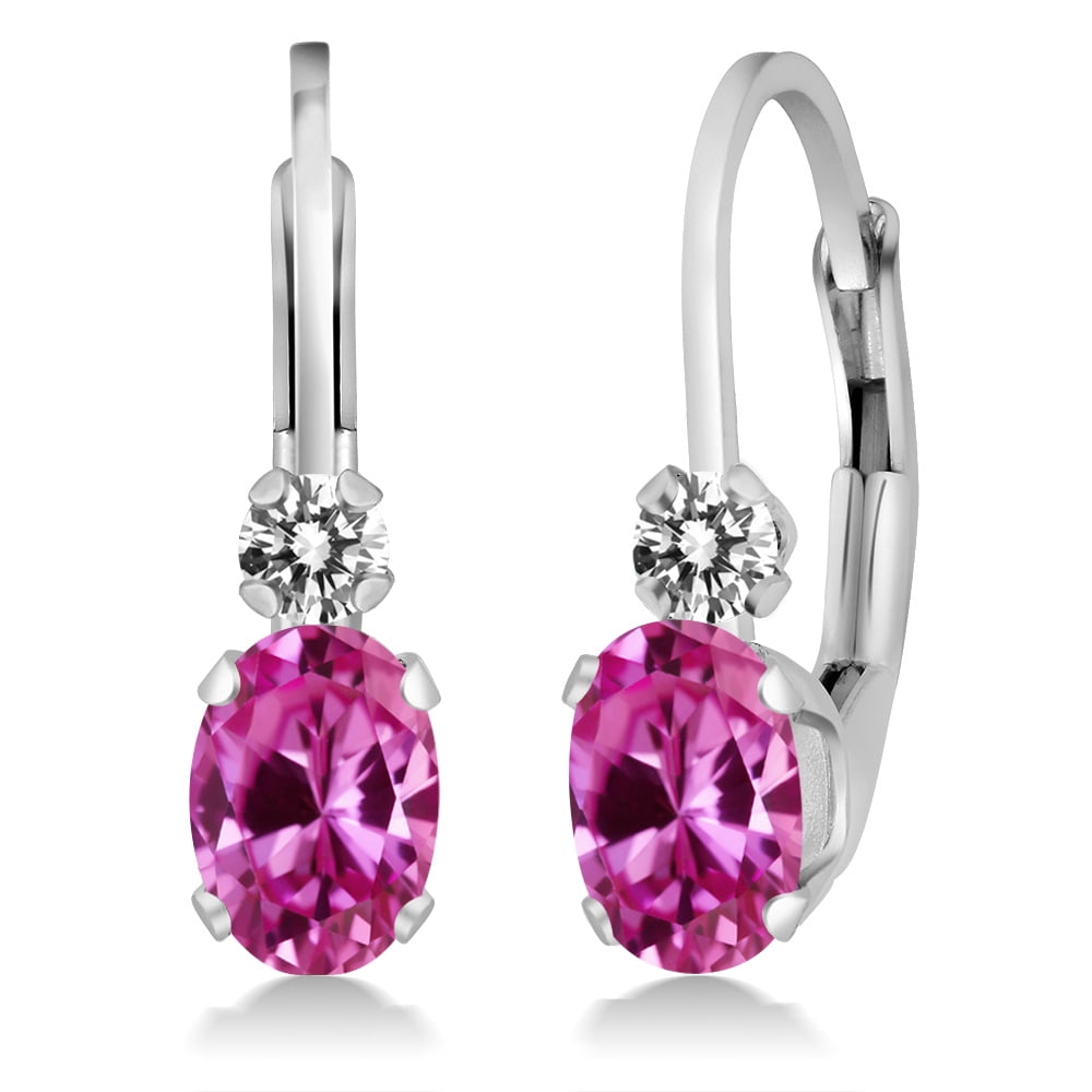 1.27 Ct Oval Pink Created Sapphire White Diamond 14K White Gold Earrings by