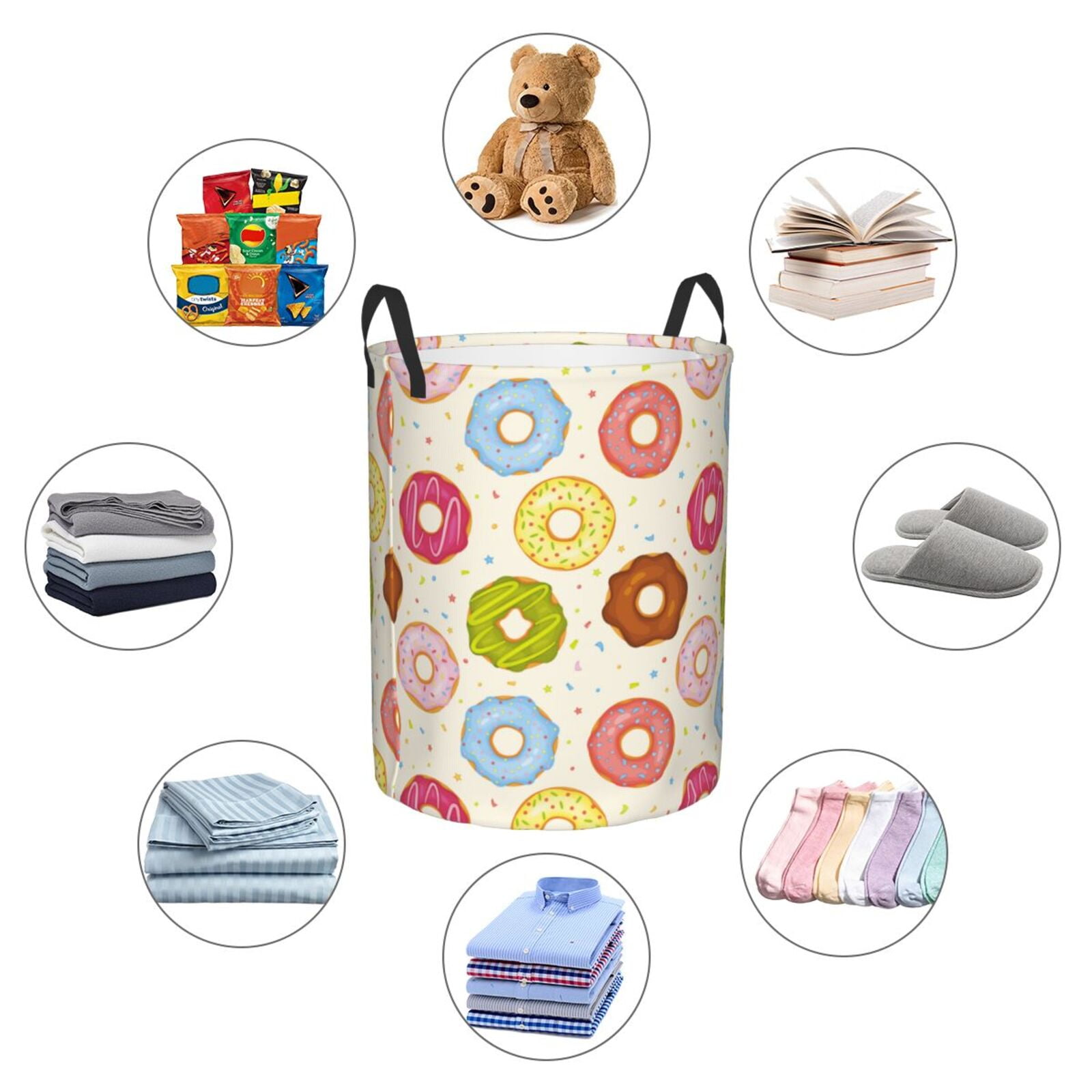 Large Laundry Basket with Handles - Donut Print No.9049 Kids Baby Dirty Clothes Laundry Hamper for Bedroom Aesthetic