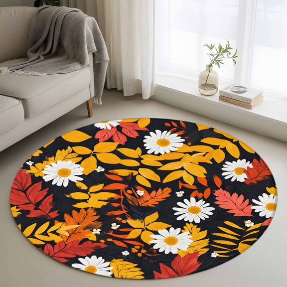 Spring Flowers Round Area Rug 3 FT, Small Kitchen Bathroom Mats, Orange Red White Daisy Flower Floral Washable Indoor Outdoor Throw Runner Carpet Non-Shedding Doormat for Table Shower Sofa Entryway