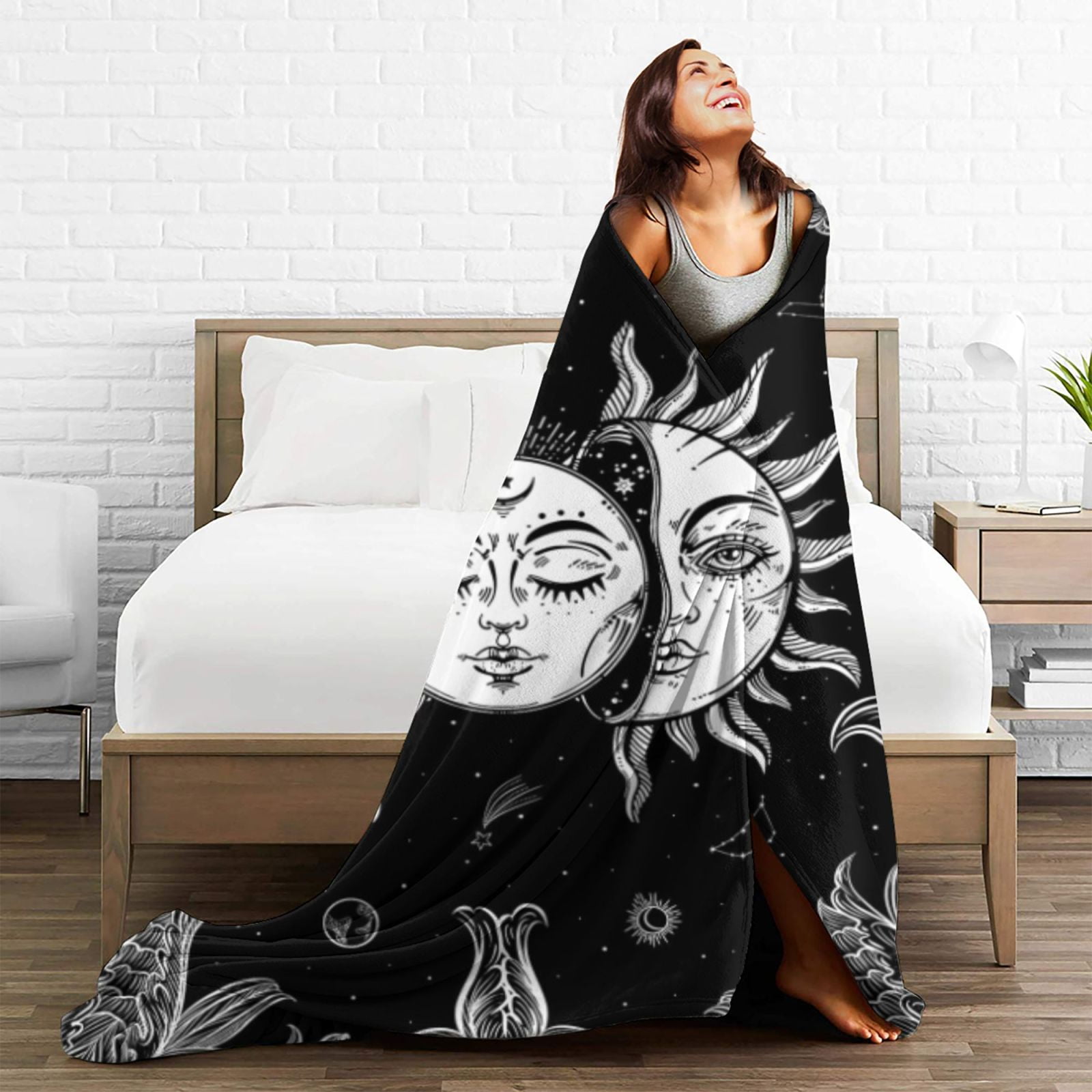 Sun and Moon Blanket Black and White Burning Sun with Stars Print