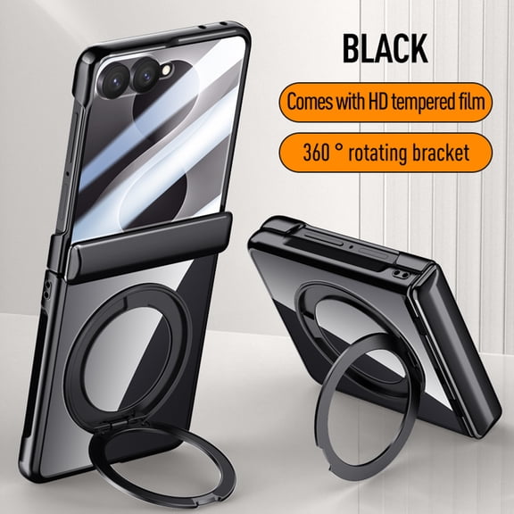 Luxury Case for Samsung Galaxy Z Flip 8 with Hinge Protection, Plated PC Frame Tempered Glass Screen Protector, 360° Rotating Ring Stand, Scratch-Resistant Stylish Phone Cover, Black