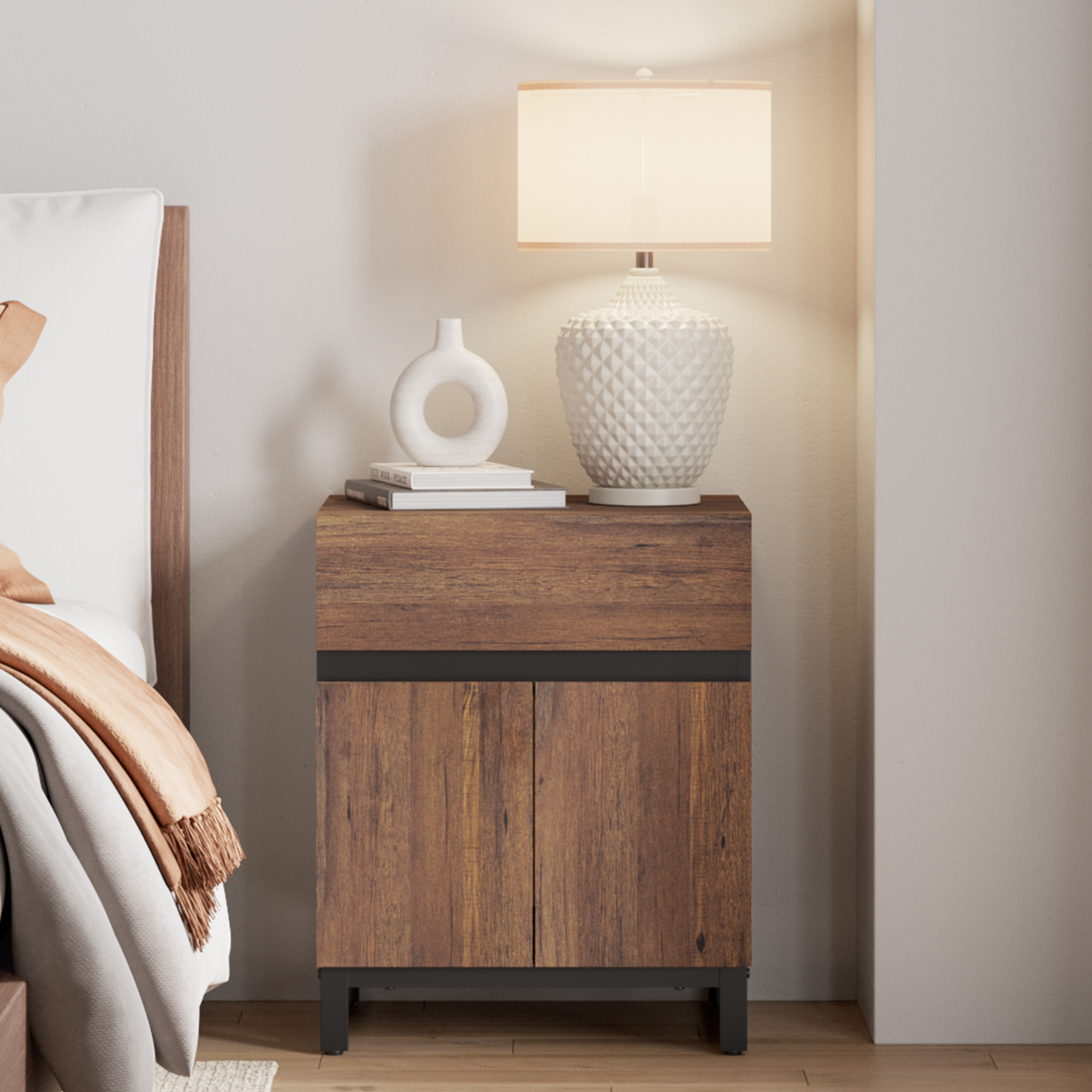 WAMPAT Nightstand with 1 Drawer & 1 Storage Cabinet, Modern Bedside Table with 2 Open Door for Bedroom, Wood Rustic Side End Table for Living Room, Brown