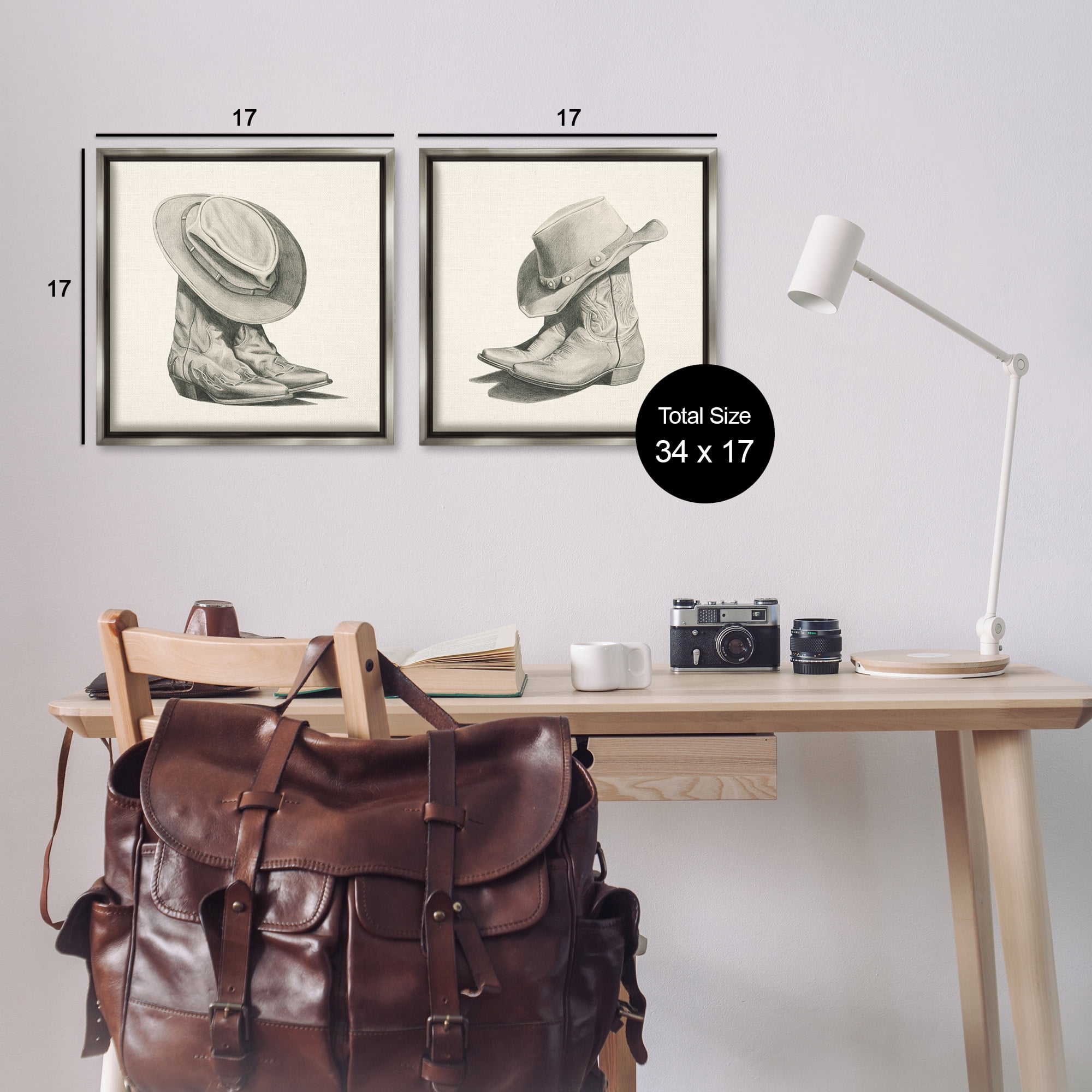 Stupell Industries Rustic Cowboy Boots Beauty & Fashion Drawing Gray Floater Framed Canvas Art Print Wall Art, 18 x 18, Set of 2