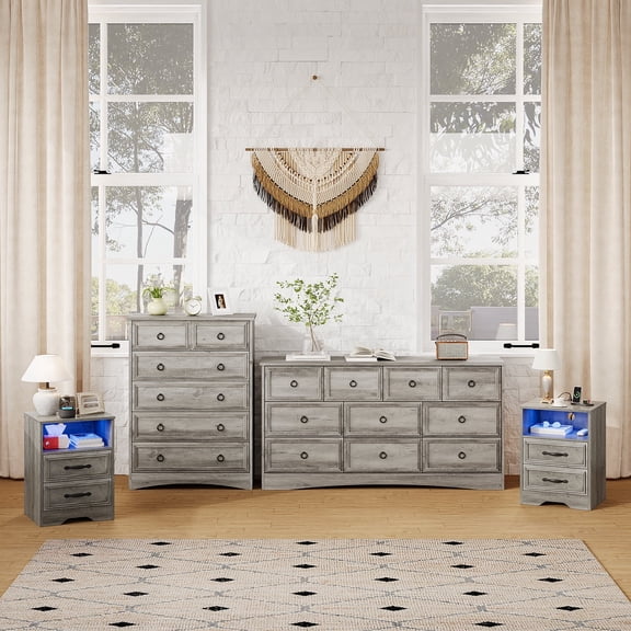 Holliwill Dresser Nightstands Set, 4 Pieces Bedroom Furniture Set, Wide 10 Drawer Dresser, Tall 6 Drawer Dresser and 2 Drawer Nightstand with LED & Outlets, Grey
