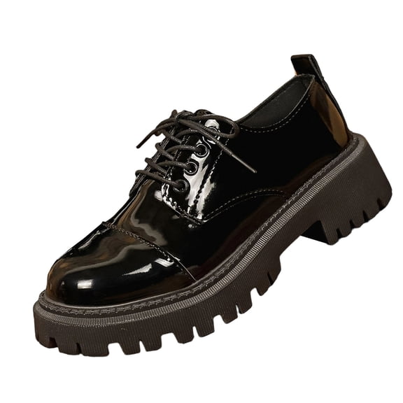 Womens Chunky Platform Sneakers - Black Patent Lace Up Shoes for Casual Everyday Wear,Size 9
