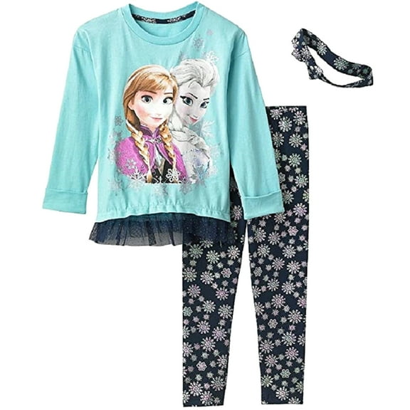 Disney Frozen Little Girls Long Sleeve Aqua & Black 3 Piece Tunic, Leggings and Headband Set (Size 4)