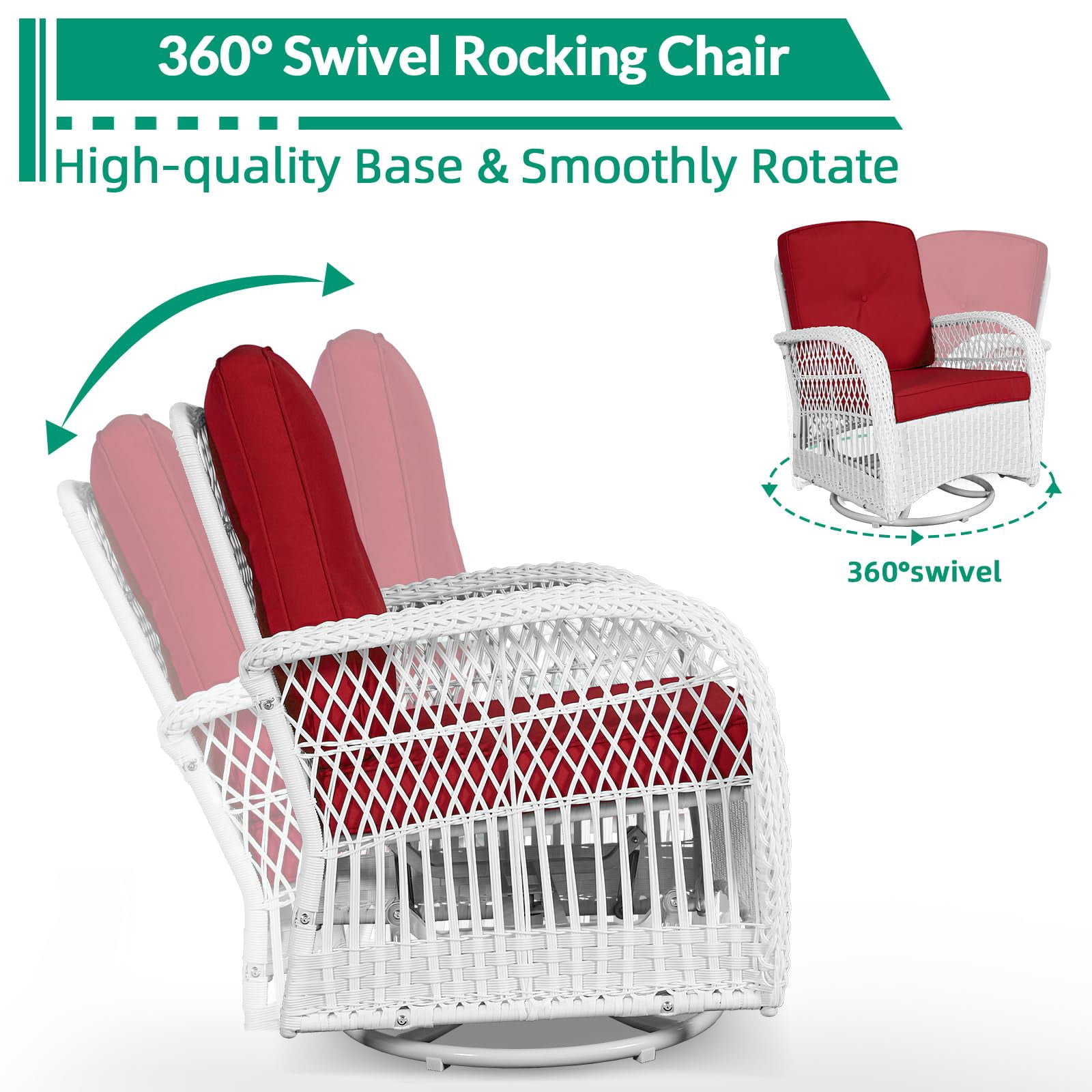 VIVIJASON 3-Piece Outdoor Conversation Bistro Set, Patio Swivel Glider Rocking Chairs Rattan Furniture Sets w/ 2 White Rattan Chairs, Glass Top Side Table for Porch Backyard, Red Cushions