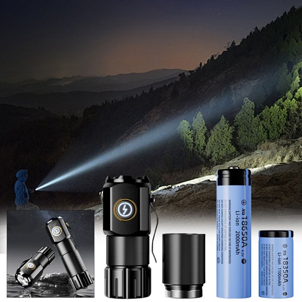 Linterna de luz fuerte | 3 LEDs P35 | Mini linterna recargable de alta potencia | Base magnética | Carga rápida tipo C | Batería 18650 y 18350 incluida | Diseño de aleación portátil | Trabajo al