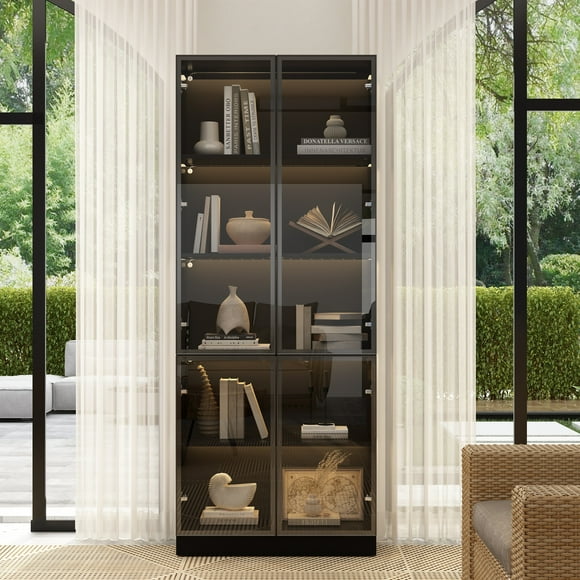 OXYLIFE 31.5" Wide Living Room Bookcase Organizer with LED Lights, Heavy Duty Display Cabinet featuring Glass Door