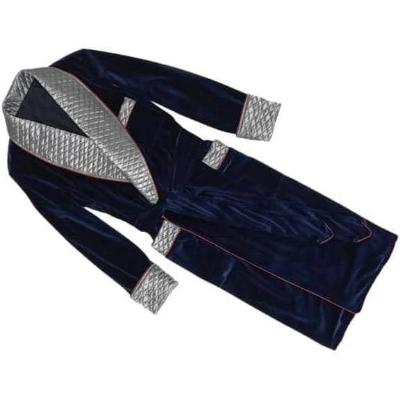 Men Luxuri Robe Blue Dinner Long Smoking Jacket Quilted Cigar Vintage Robe 