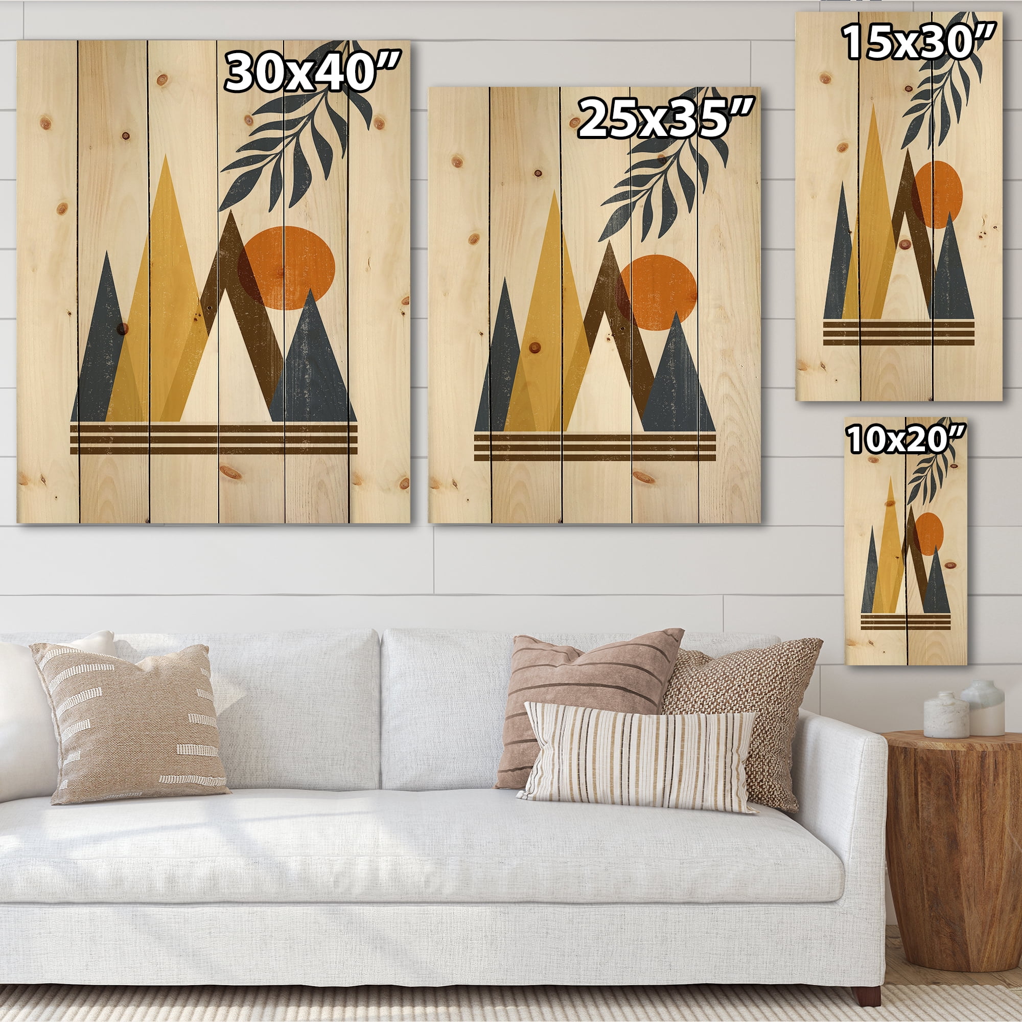 Designart 'Abstract Moon and Sun In Mountains I' Modern Print on Natural Pine Wood