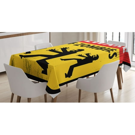 

Zombie Decor Tablecloth Beware of Zombies Fiction Humor Sign Warning Emblem Modern Graphic Art Rectangular Table Cover for Dining Room Kitchen 60 X 84 Inches Yellow Black Red by Ambesonne