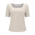 thumbnail image 3 of WTXUE T-Shirts Short Sleeve, Square Neck Shirts for Women's Square Neck Color Block T Shirt 2024 Summer Sli Crop Tops Solid, Knit Tops | Casual for Women Beige XL, 3 of 8