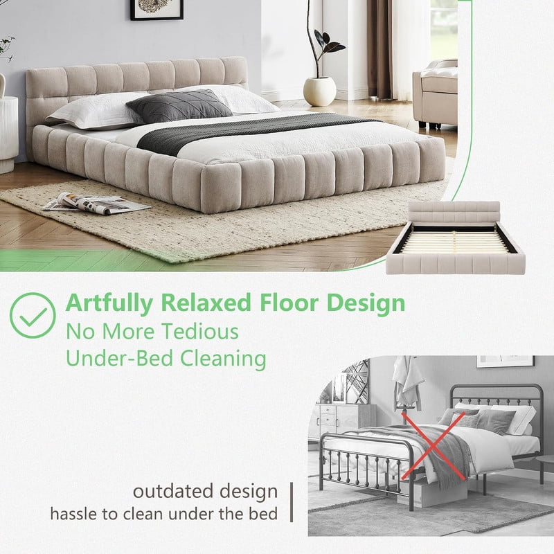 Queen Size Upholstered Platform Bed with Thick Fabric, Chenille Grounded Bed with Headboard and Solid Frame, No Box Spring Needed
