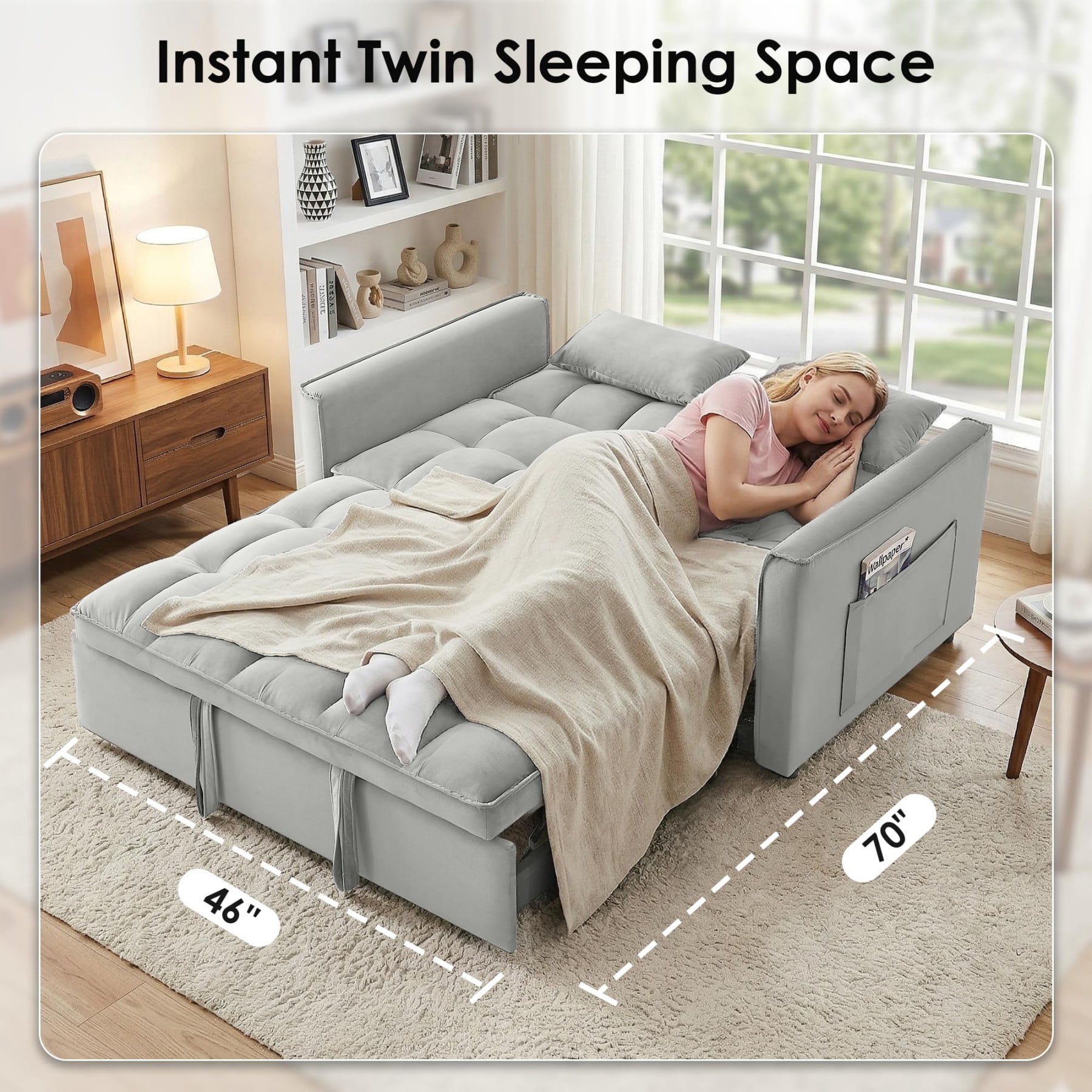 54" 3 in 1 Convertible Velvet Sofa Bed, 3 Position Foldable Sleeper Couch with Adjustable Backrest & Pillows, Light Gray