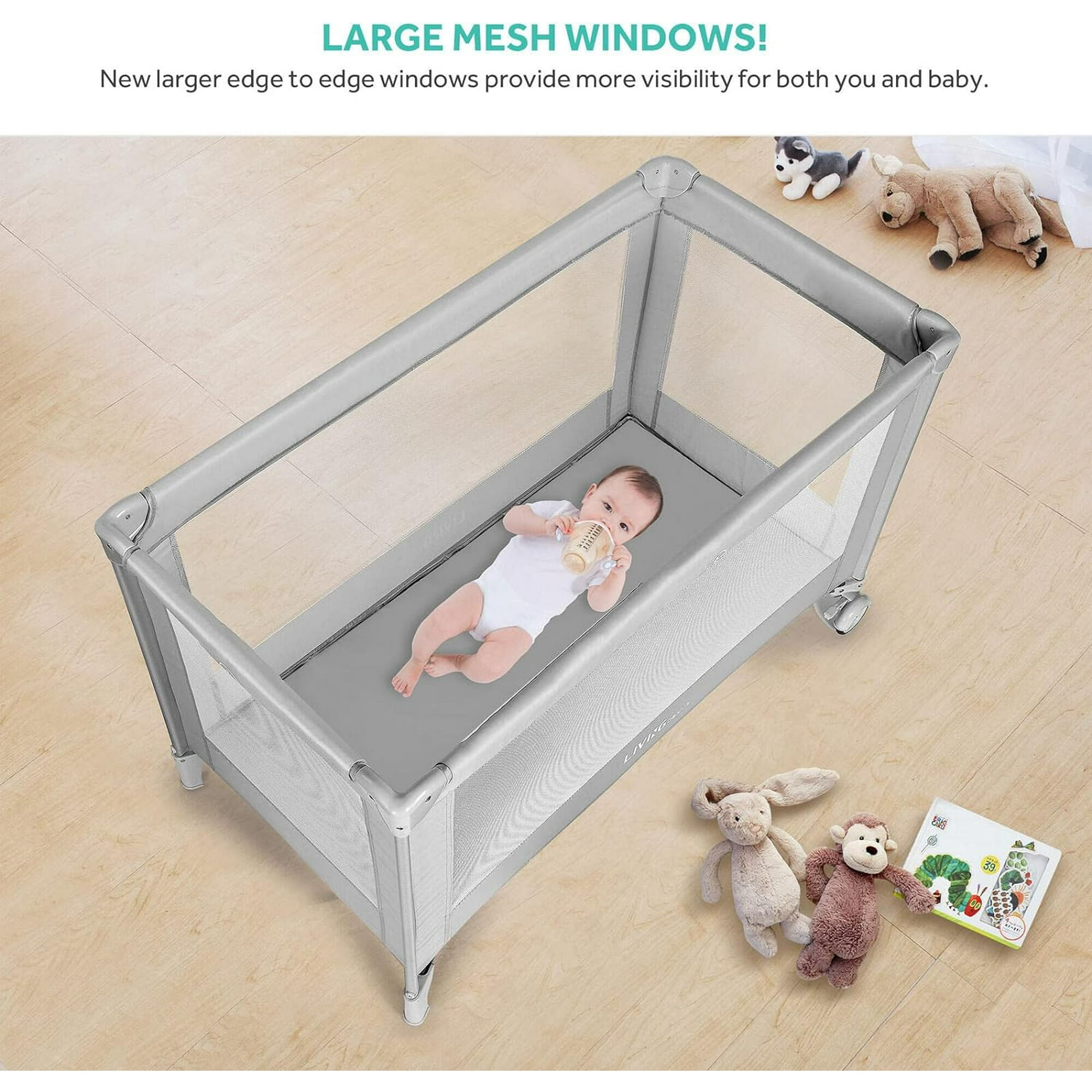 Livingbasics Foldable Baby Playard Infant Safety Activity Nursery Center Baby Playpen With Wheel For Home Travel Outdoor Grey