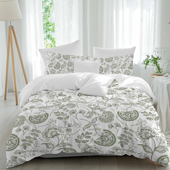 3 Piece Boho Sage Green Floral Duvet Cover Set Queen Size,Microfiber Comforter/Quilt Cover with Corner Ties and 2 Pillowcases,Vintage Farmhouse Paisley Plant All Season Bedding with Zipper Closure