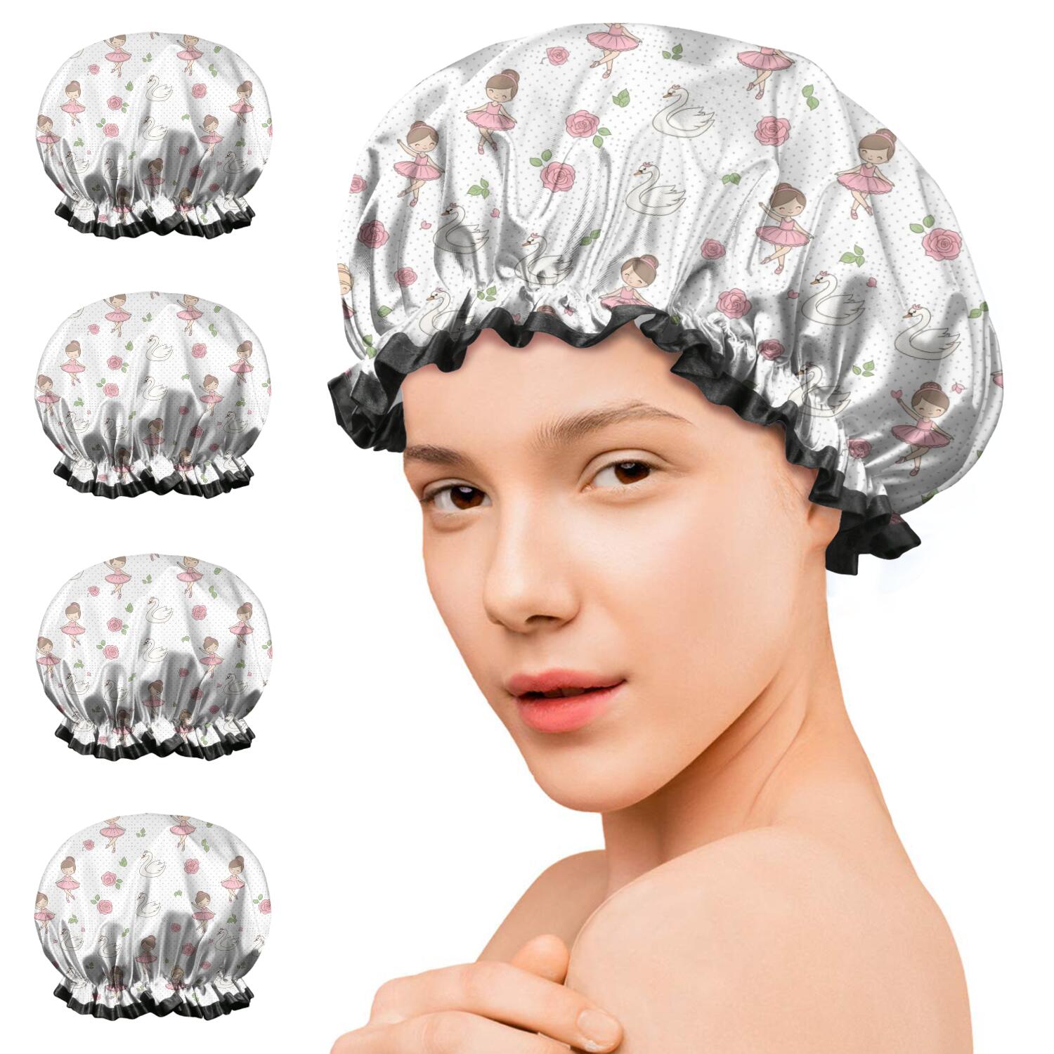 Shower Caps,White Ballerina Swan Pattern Waterproof Shower Cap for Women 4 Pieces,Double Reusable Hair Cover for Shower PEVA Elastic Stretch Hem