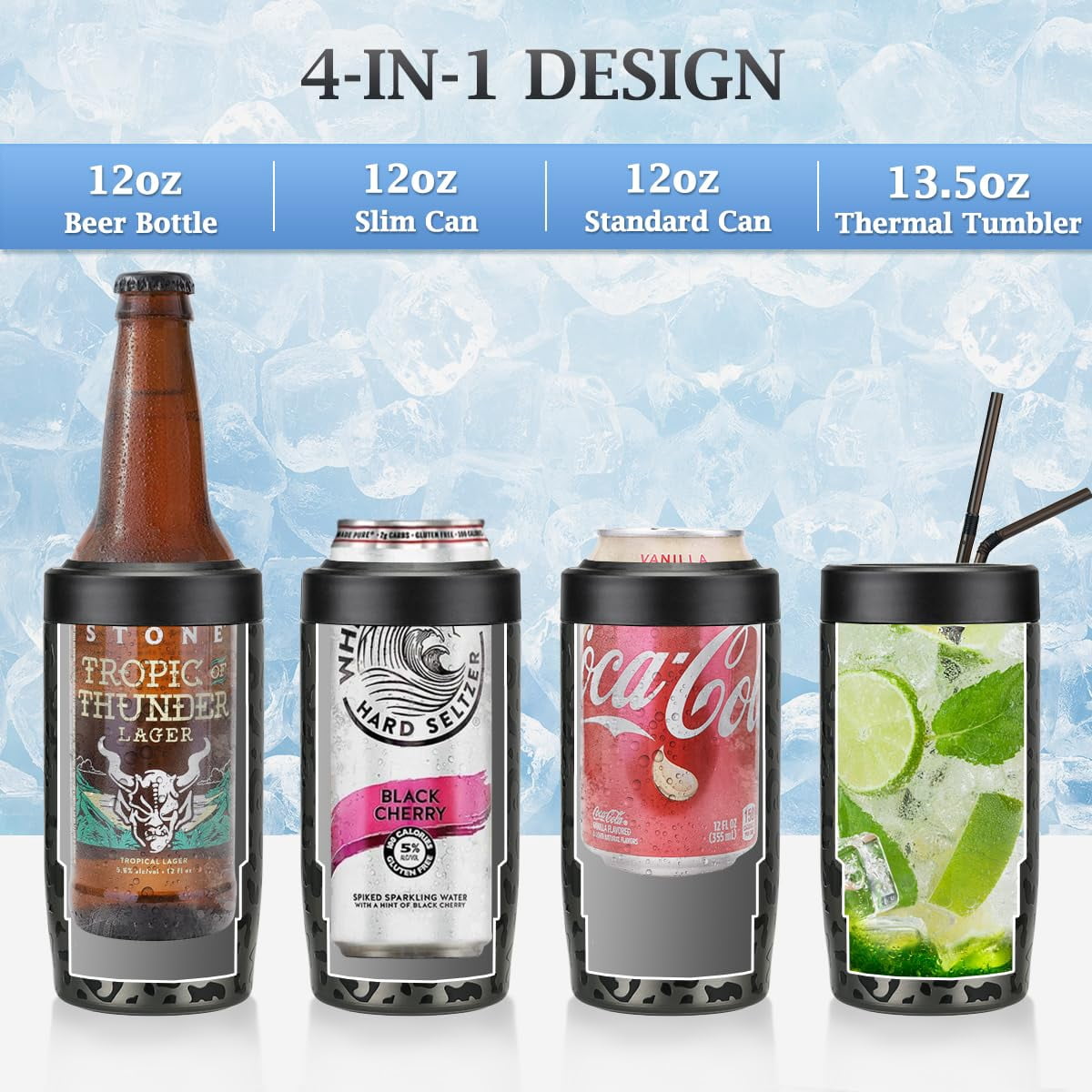 Jslove 4 in 1 Insulated Can Cooler - Universal Size for 12 oz Cans, Slim Cans, and Bottles - Black Leopard