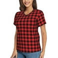 thumbnail image 2 of Vsdgher Buffalo Plaid Red Black Women Shirts V Neck Short Sleeve Tops T-Shirt Basic Tees, S to 3XLLarge, 2 of 5