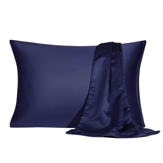 PiccoCasa 2 Pcs Funda de Almohada de Satén con Cremallera, Saten de Seda No Estándar, Color Marino